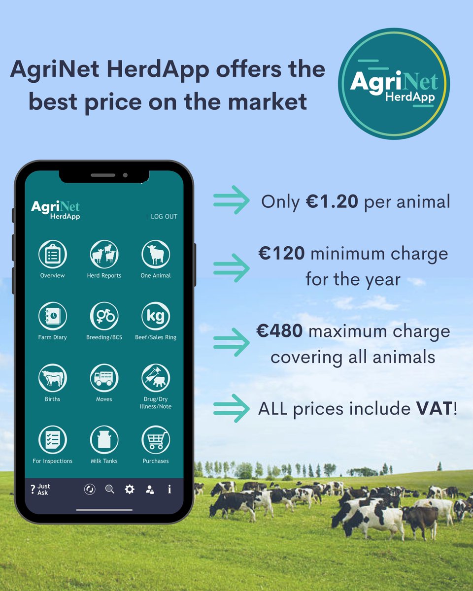 At AgriNet HerdApp, we promise transparent pricing! Our rates include VAT, with no surprise fees or hidden charges. Contact us today to begin your 30-Day Free Trial. Learn more at agrinet.ie! 💰
