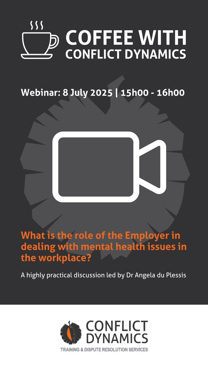 What is the employer’s role in workplace mental health?  
Join Angela du Plessis for a webinar exploring:  
✅Sources of workplace mental health issues  
✅Addiction dilemmas  
✅Who carries the responsibility?  
🗓️8 July 2025  
🕒15h00–16h00  
Book:  tinyurl.com/4dj2feuv