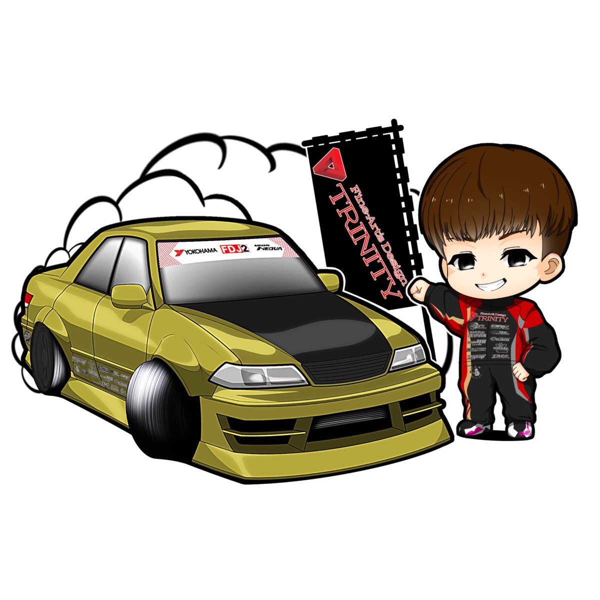今回、株式会社トリニティ様（ ＠trinity_f_a_d ）からのご依頼で

ライス小林選手（<a href="/KomeKomeKazoku/">ライス小林</a> ）

木村楓雅選手（<a href="/jzx_201/">楓雅</a> ）
のキャラとクルマのイラスト描かせていただきました‼️
KP garageさんの動画で見ていたクルマなので描かせていただけてめちゃ嬉しいです🥹

ありがとうございました！