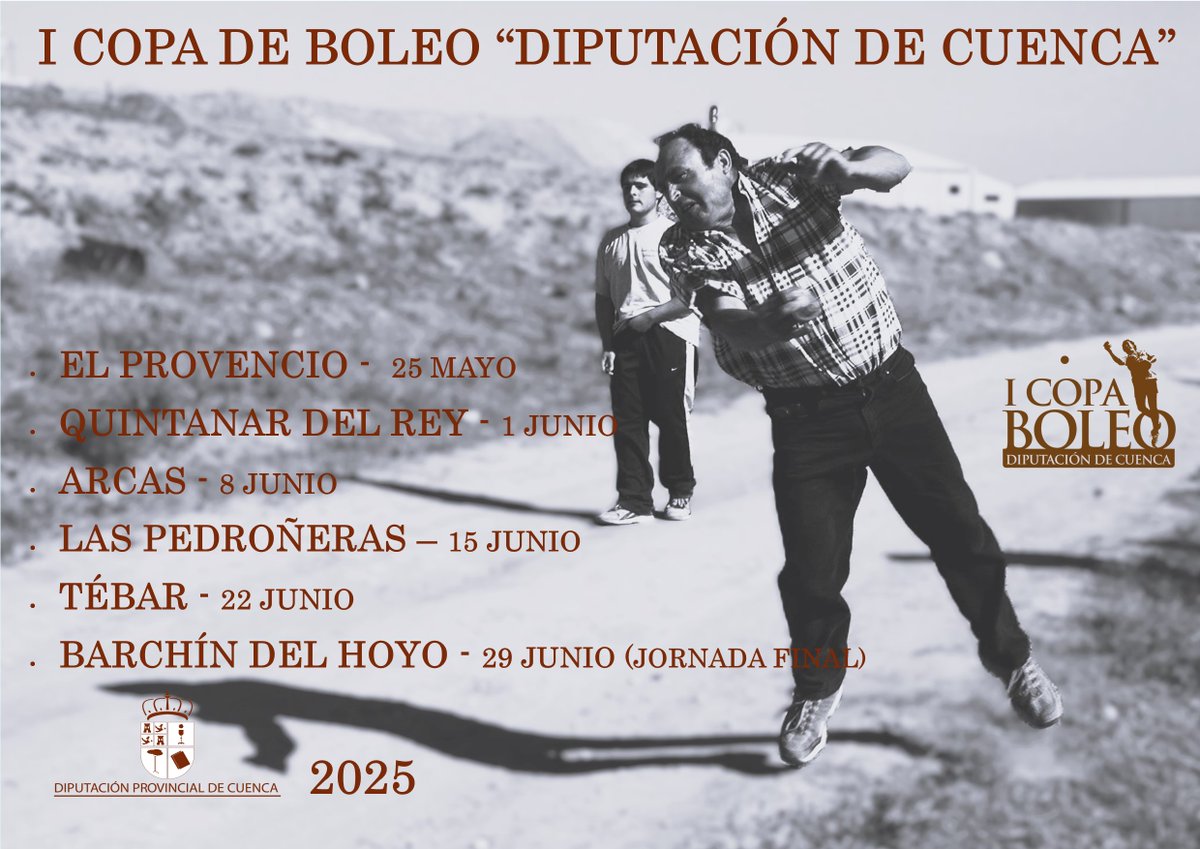 Este domingo tendrá lugar la 5ª cita de la I COPA DE #BOLEO "DIPUTACIÓN DE #CUENCA" en #Tebar.

Inscripciones: 9:00 horas.
Hora de comienzo de la jornada: 9:30 horas.
Lugar de celebración: Camino Vara del Rey.

<a href="/DipuCuenca/">Diputación de Cuenca</a> 
#dipucuenca #juegosydeportestradicionales