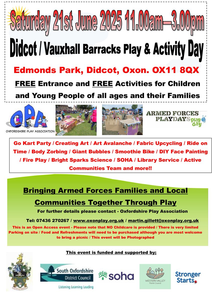Oxon Play Assoc OPA (@oxonplay) on Twitter photo Playday 2025 season kicks off tomorrow in Didcot π
FREE Entrance and FREE Activities to ensure an inclusion for ALLπ The <a href="/DidcotTC/">Didcot Town Council</a> Splash Pad will also be open π
See you there! <a href="/SouthOxon/">South Oxfordshire DC</a> <a href="/SohaHousing/">Soha Housing</a> Playday 2025 season kicks off tomorrow in Didcot π
FREE Entrance and FREE Activities to ensure an inclusion for ALLπ The <a href="/DidcotTC/">Didcot Town Council</a> Splash Pad will also be open π
See you there! <a href="/SouthOxon/">South Oxfordshire DC</a> <a href="/SohaHousing/">Soha Housing</a>