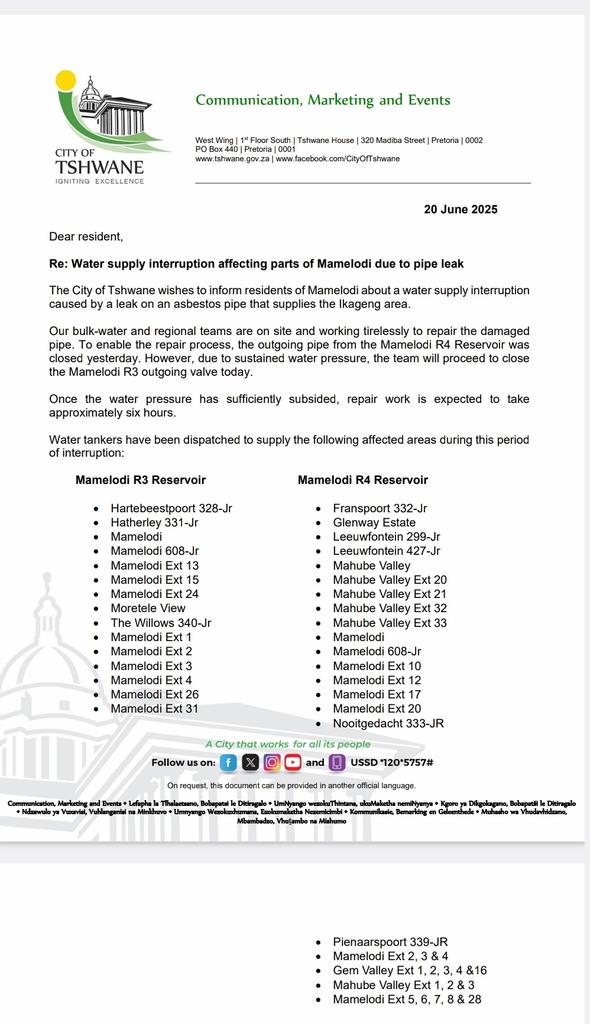 CityTshwane's tweet image. Re: Water supply interruption affecting parts of Mamelodi due to pipe leak.