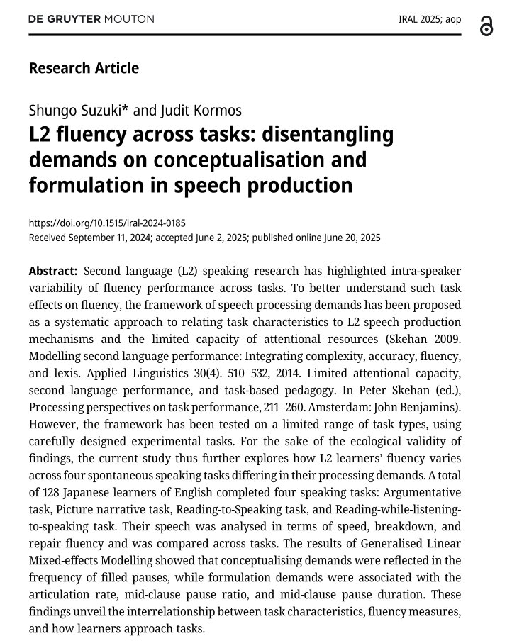 The final study from my PhD <a href="/LAEL_LU/">Linguistics and English Language, Lancaster Uni</a>  is out in IRAL. This is an exploratory study, but we revisited task effects on L2 fluency from the intrinsic cognitive load theory and the dual-process theory (and of course, speech production mechanisms). #OpenAccess
doi.org/10.1515/iral-2…