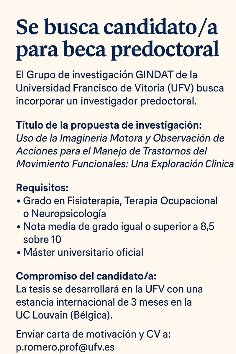 GINDAT - grupo de investigación (@neurorehabufv) on Twitter photo 🚨 GINDAT-UFV busca investigador/a predoctoral para proyecto sobre imaginería motora y trastornos del movimiento. Requiere grado + máster, nota ≥ 8.5. 📩 CV a p.romero.prof@ufv.es 🚨 GINDAT-UFV busca investigador/a predoctoral para proyecto sobre imaginería motora y trastornos del movimiento. Requiere grado + máster, nota ≥ 8.5. 📩 CV a p.romero.prof@ufv.es