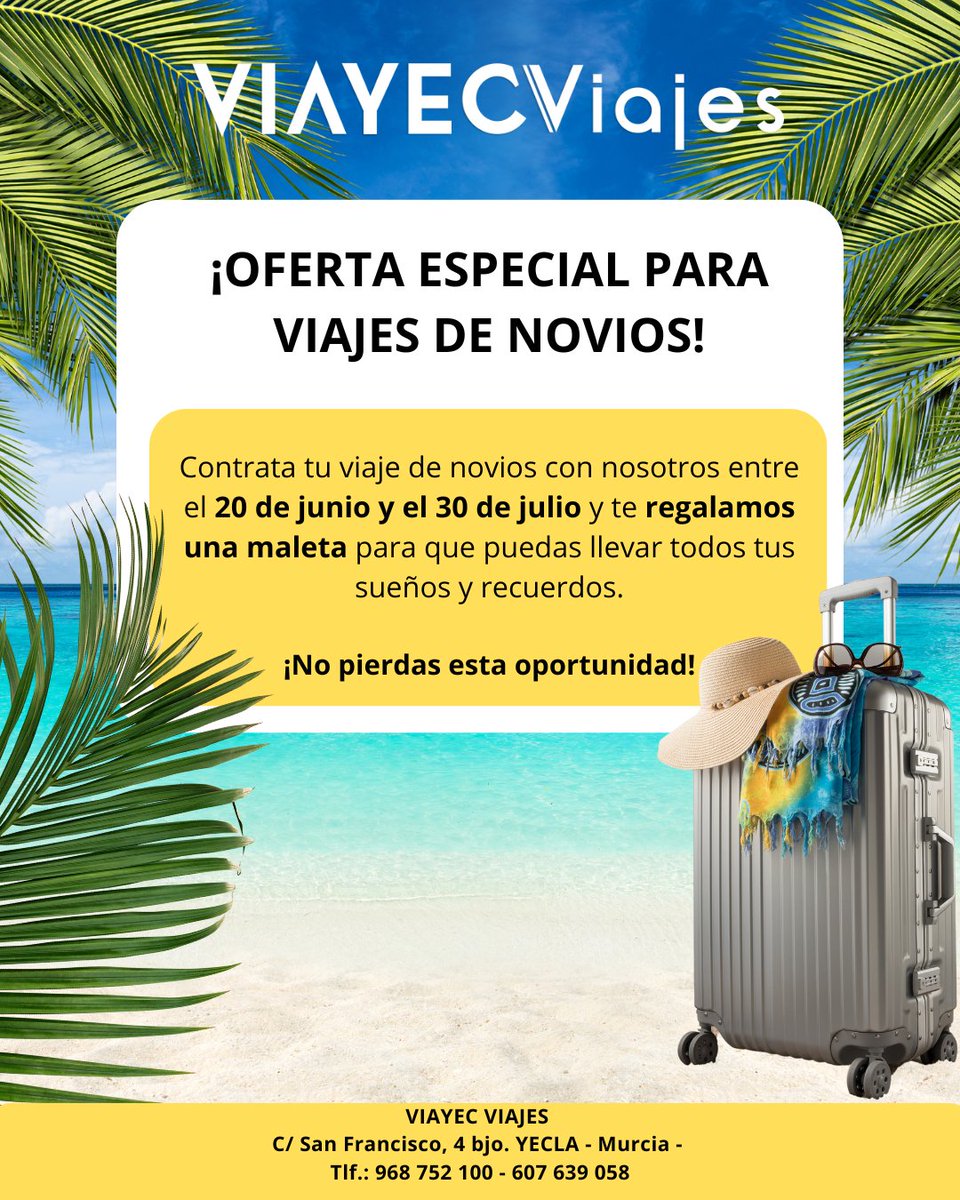 ¡Oferta especial para viajes de novios!

Contrata con nosotros tu luna de miel y te obsequiamos una maleta.

Promoción válida desde hoy 20 junio 2025 al 30 de julio 2025.