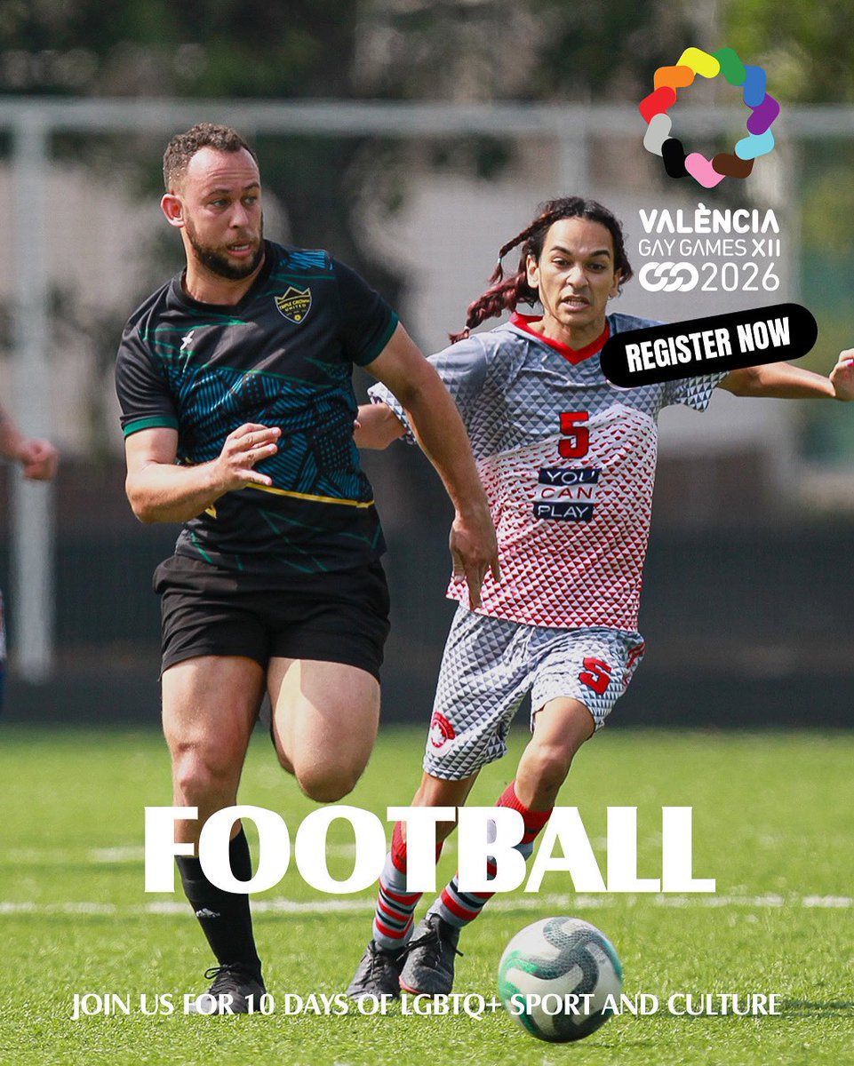 Boots on, game face ready! ⚽️🔥 Registration is OPEN for Gay Games XII 2026 in València. Pass, strike, defend - and play proud. 🏳️‍🌈 gaygamesvalencia2026.com/en/
