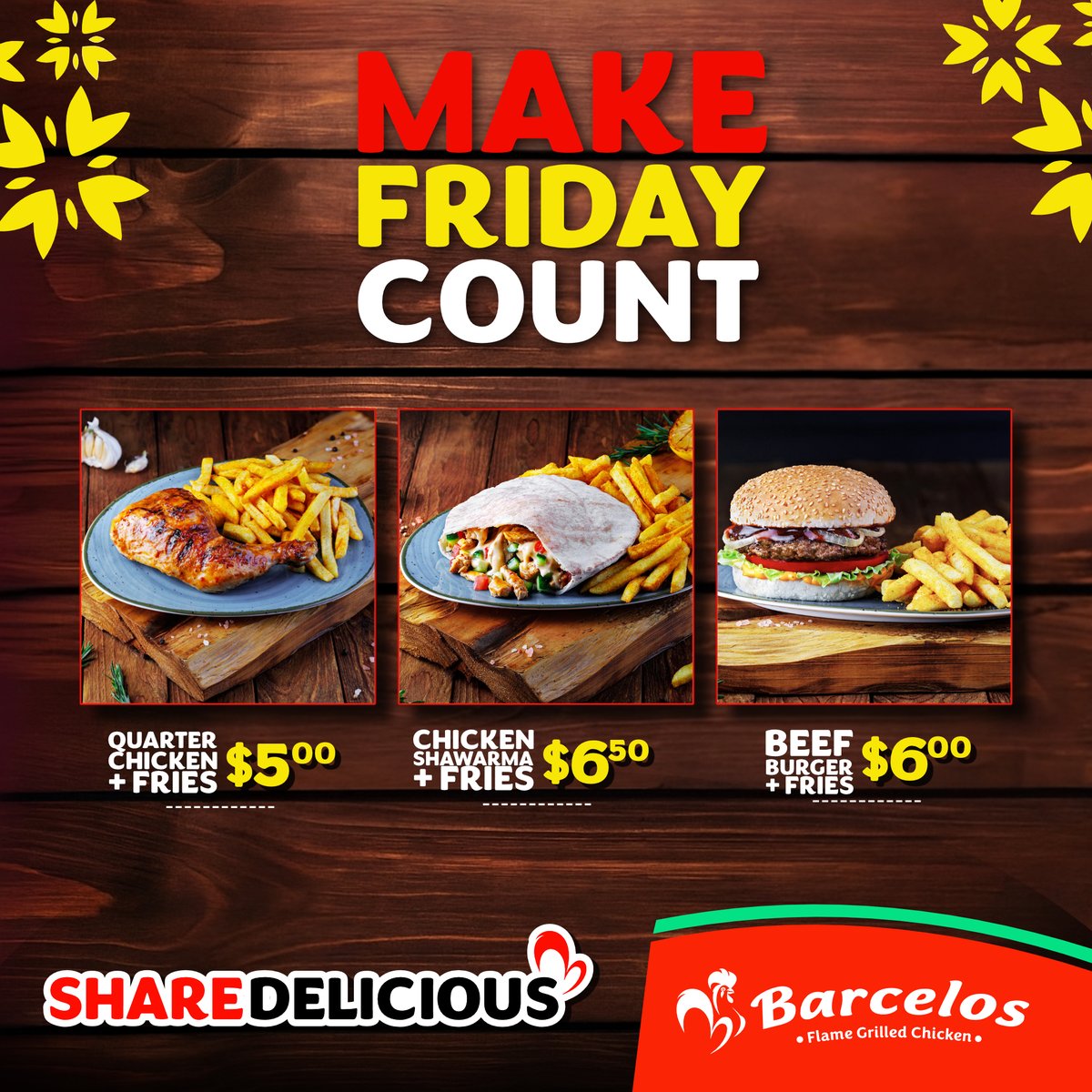 Make Friday Count with Barcelos! Wrap up your week the delicious way.

FREE CBD DELIVERY in Harare &amp; Bulawayo.

Harare
📍First Floor, Joina City
📍Second Street, Total Parkade
📦Delivery: +263 781 852 222

Bulawayo
📍81 Jason Moyo Street
📦Delivery: +263 731 007 488