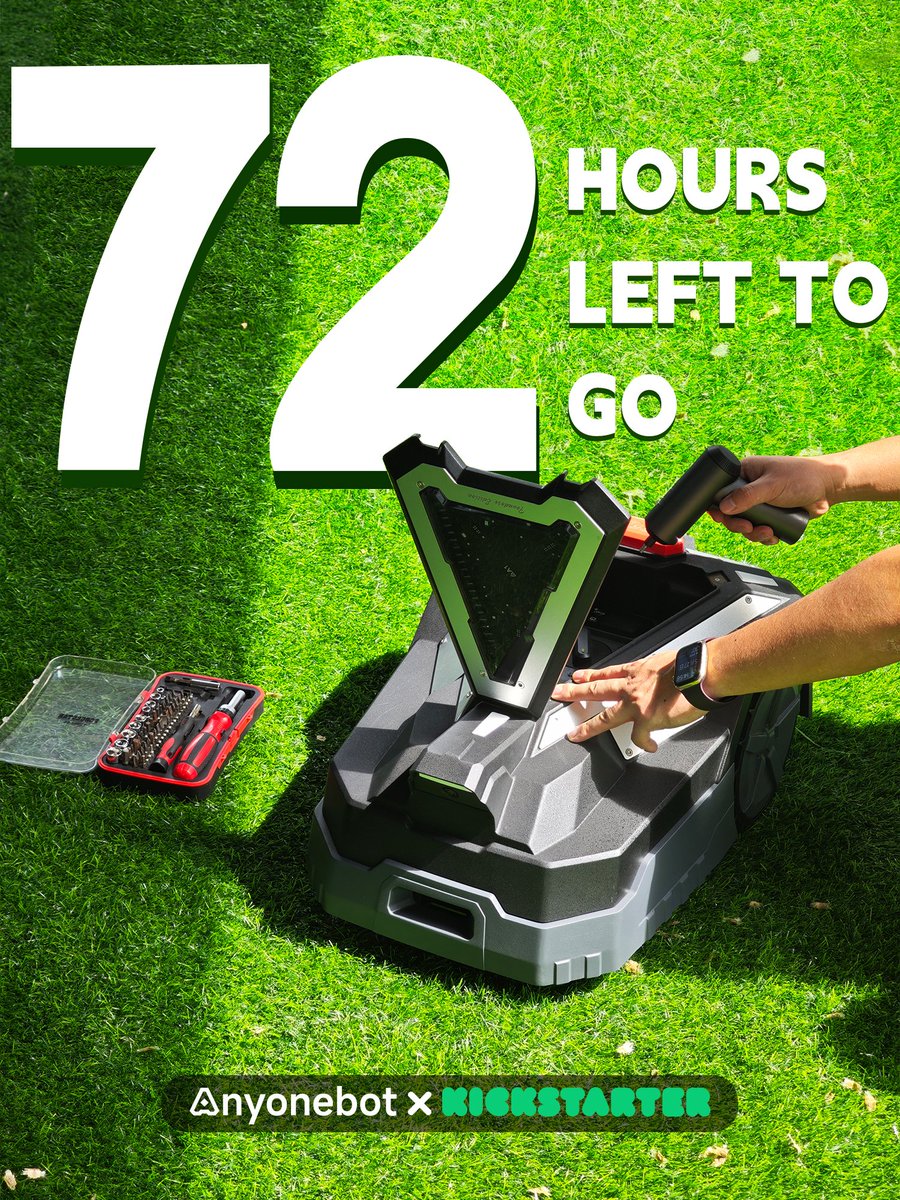 Anyonebot's tweet photo. ⚠️72 hours left to go, GET READY for your Fully Intelligent lawn friend - Anyonebot M1 !!!  

Follow our Kickstarter page to get the launch notification!  
https://t.co/cW162u5rvJ

#Lawncare #Lawnmower #Roboticmower #Robotmower #Mower https://t.co/aIZjjn9dJE