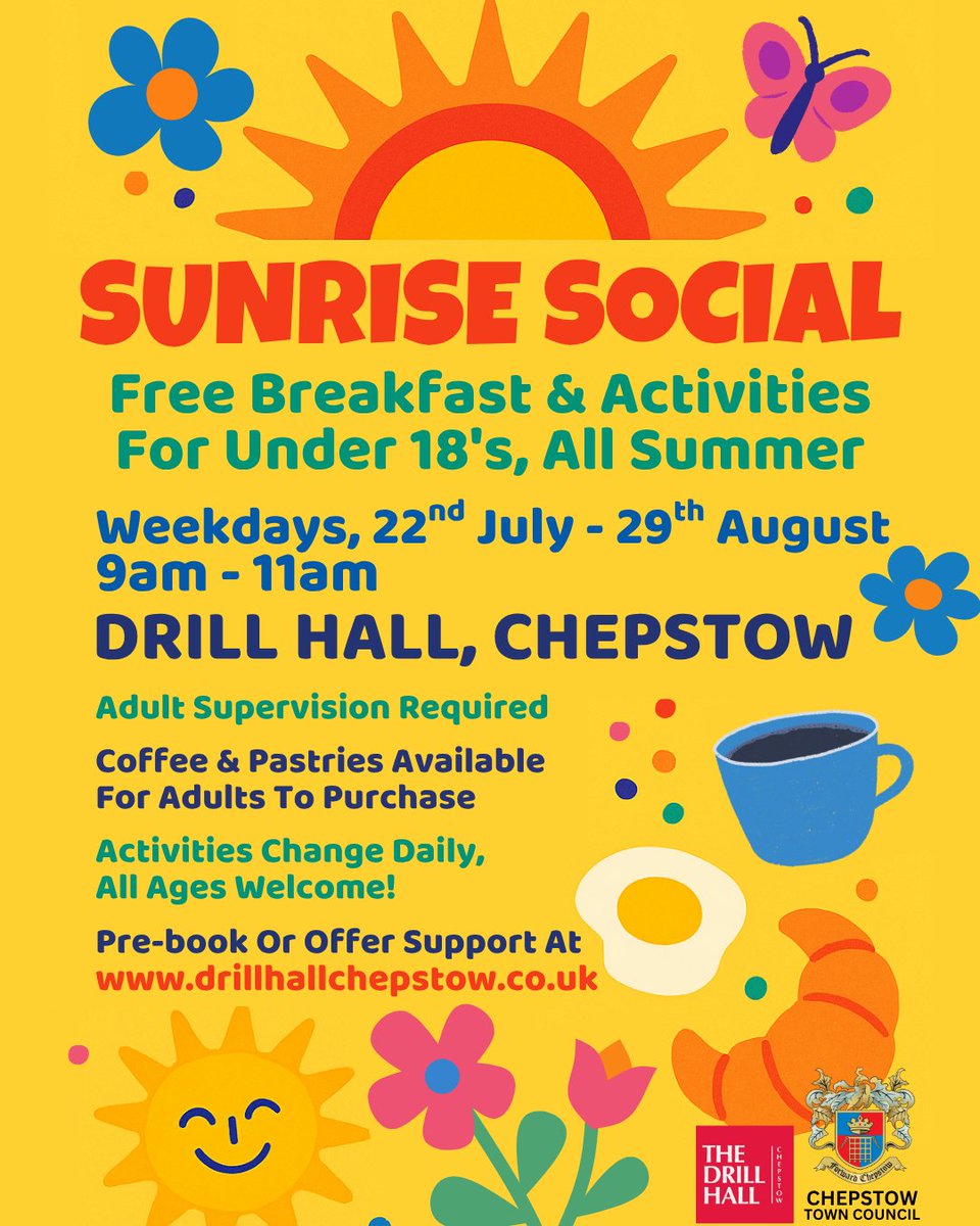 ChepstowTC's tweet image. Chepstow Town Council and Drill Hall, Chepstow, are proud to launch Sunrise Social, a brand-new free breakfast and activity club for local children and teens, every weekday from 22 July to 29 August, 9:00–11:00am at The Drill Hall!
Find out more: drillhallchepstow.co.uk