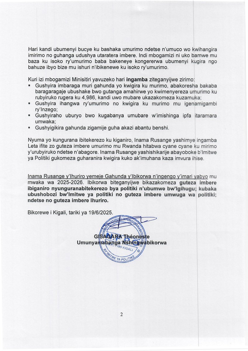 ITANGAZO RY'INAMA RUSANGE Y'IHURIRO RY'IGIHUGU NYUNGURANABITEKEREZO RY'IMITWE YA POLITIKI