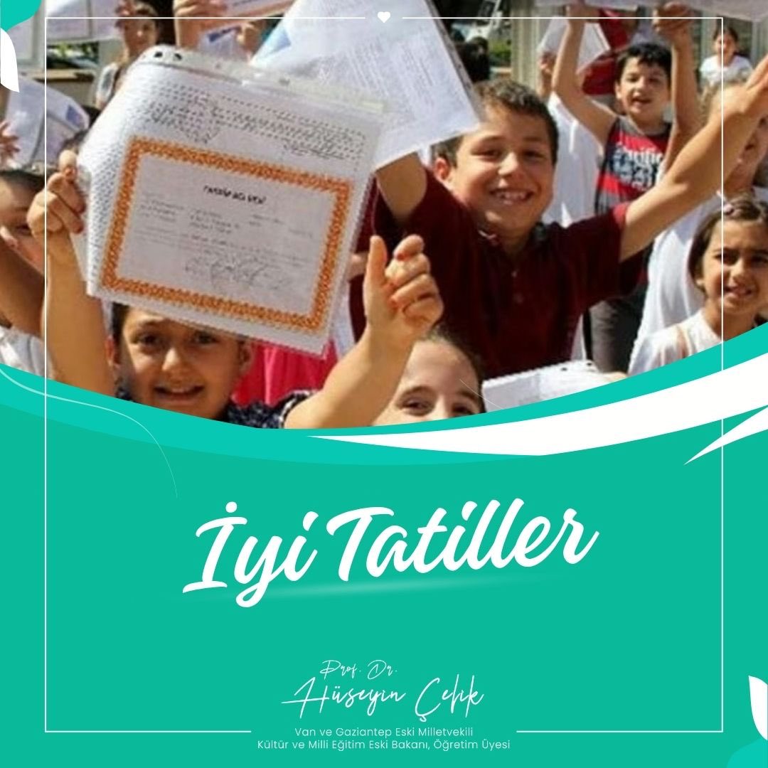 Hüseyin Çelik (@hc_huseyincelik) on Twitter photo Bugün bir eğitim ve öğretim dönemini geride bırakan tüm öğrenci ve öğretmenlerimizin ağız tadı ve gönül huzuruyla bir tatil geçirmelerini dilerim. Bugün bir eğitim ve öğretim dönemini geride bırakan tüm öğrenci ve öğretmenlerimizin ağız tadı ve gönül huzuruyla bir tatil geçirmelerini dilerim.