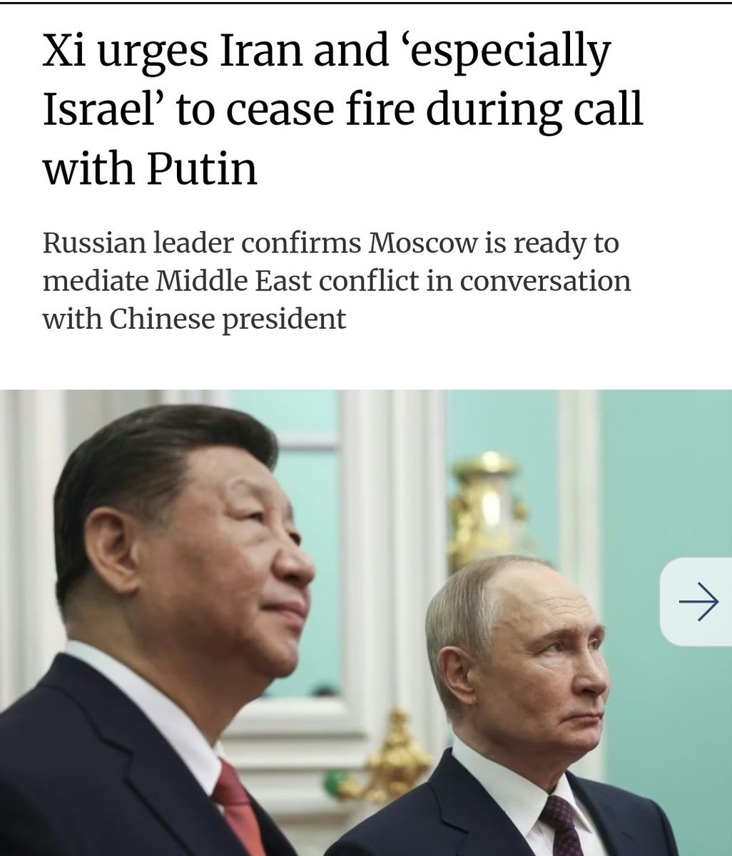 In an phone call with Vladimir Putin, Xi Jinping reiterated his offer to “play a constructive role in restoring peace to the Middle East”.
Both reiterated the importance of the United Nations Security Council #UNSC, and in a clear reference to the US, insisted that “major