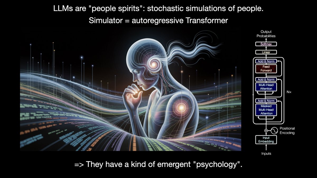 NathanLands's tweet photo. LLMs are 'people spirits'. Stochastic simulations of people.

They don't just process information. They have emergent psychology, biases, and personality quirks. Like us

You're not just prompting a database. You're having a conversation with a simulated mind.

This is something entirely new and I don't think we've properly processed what it means