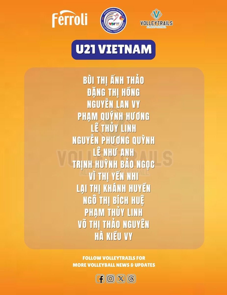 🇻🇳 U21 Vietnam’s roster for the VTV Ferroli Cup 2025:

Bùi Thị Ấnh Thảo
Đặng Thị Hồng
Nguyễn Lan Vy
Phạm Quýnh Hương
Lê Thủy Linh
Nguyễn Phương Quỳnh
Lê Như Anh
Trịnh Huỳnh Bảo Ngọc
Vì Thị Yến Nhi
Lại Thị Khánh Huyền
Ngô Thị Bích Huệ
Phạm Thủy Linh
Võ Thị