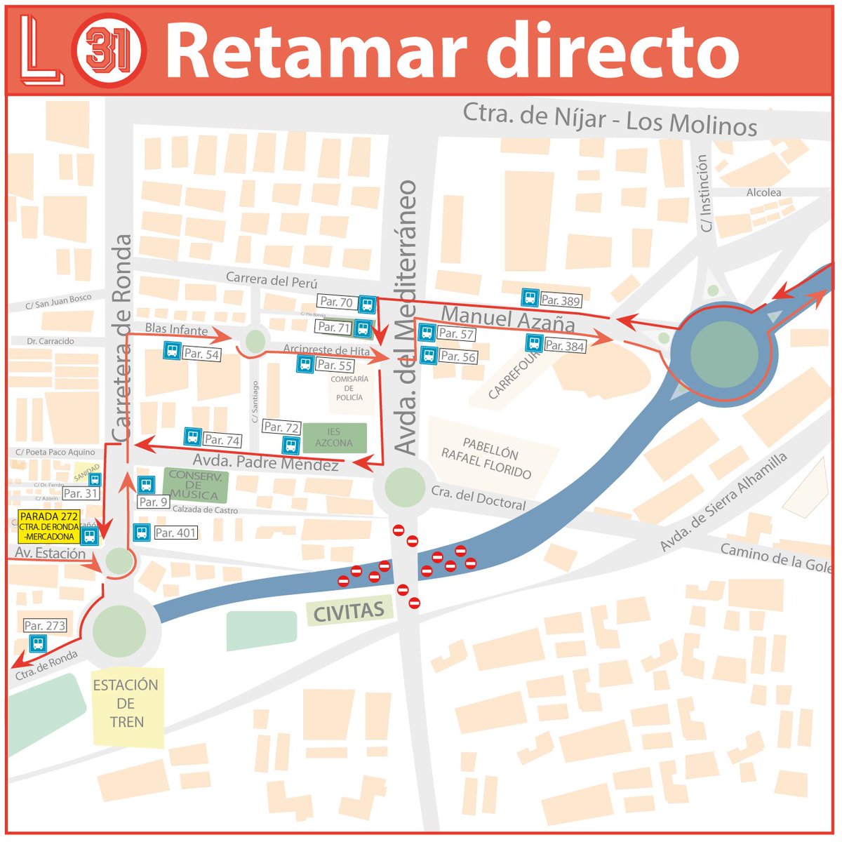 Desde el jueves 26 de junio (desde el inicio del servicio), la avda. de Montserrat permanecerá cortada al tráfico, modificándose el recorrido de:
🟣 Línea 19
🟠 Línea 31
Consulta modificaciones 👇y avisos: surbusalmeria.es/avisos
<a href="/aytoalm/">Ayuntamiento de Almería</a>  <a href="/Alsa_autobuses/">Alsa</a>  <a href="/ualestudiantes/">UAL Estudiantes</a>