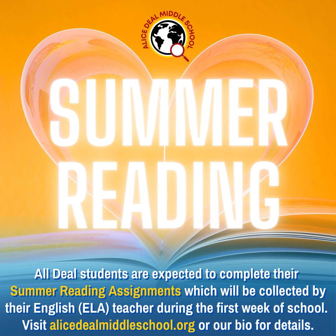 All Deal students are expected to complete their Summer Reading Assignments which will be collected by their English (ELA) teacher during the first week of school. Visit alicedealmiddleschool.org or our bio for details. #admsherewegrow