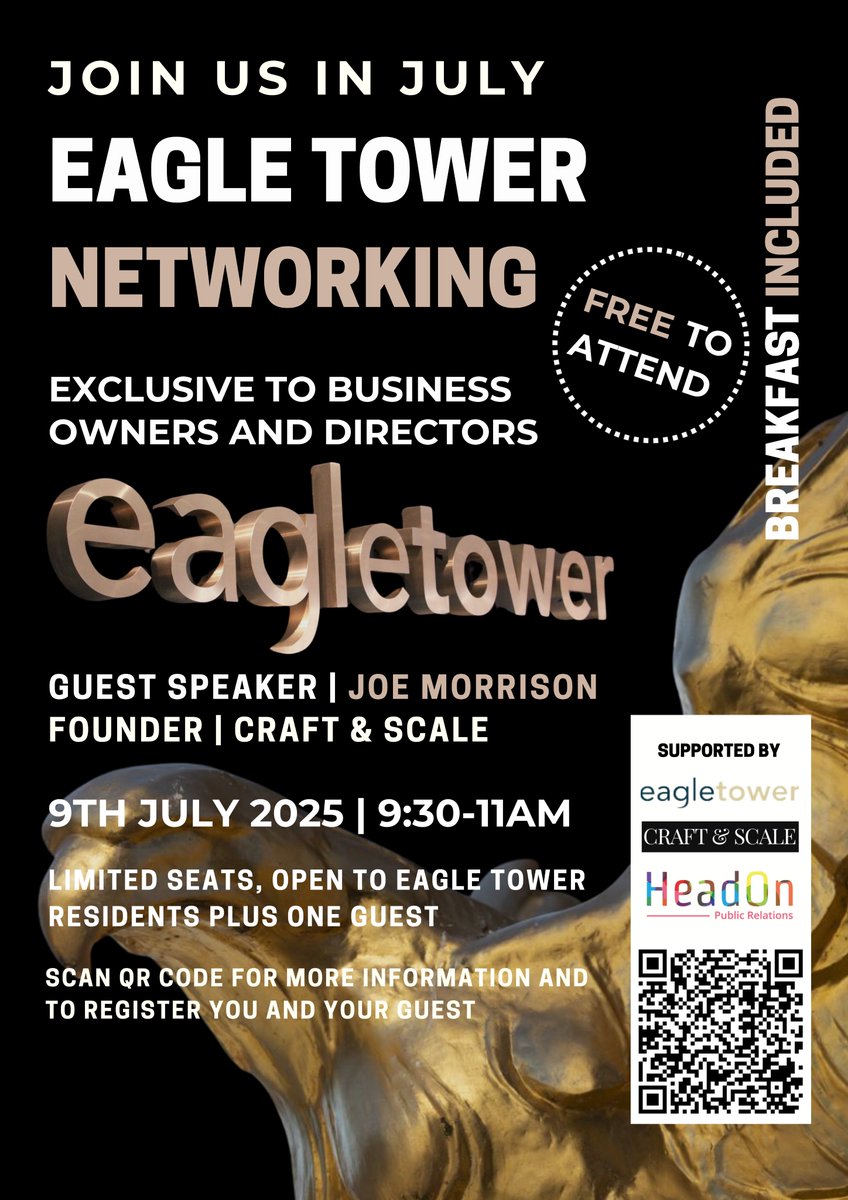 Join us in July for Eagle Tower Networking event with breakfast included. 🥐

📍Eagle Tower (registration required)
🗓9th July 2025
⏰9.30-11am
💷 Cost: Free and exclusive for Directors and Owners of Eagle Tower residents, you can also bring one guest.

eventbrite.com/e/eagle-tower-…