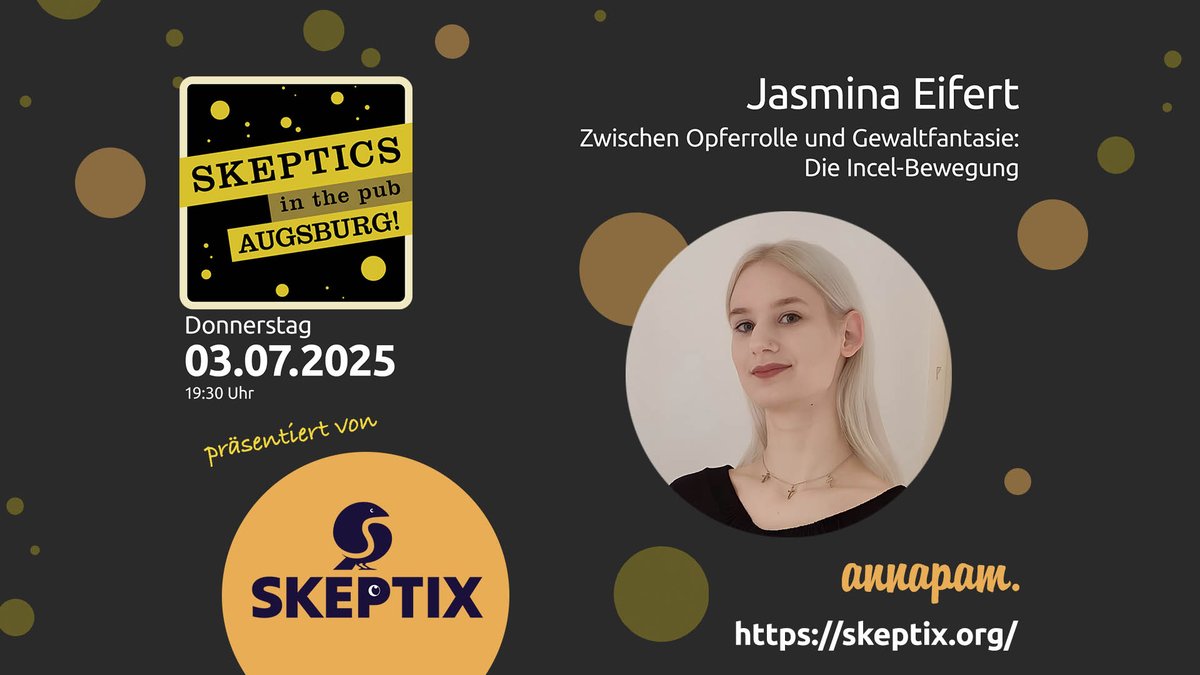 Im Zeichen der Netflix-Serie "Adolescence" brandaktuell:

"Zwischen Opferrolle und Gewaltfantasie: eine soziologisch-psychologische Betrachtung der Incel-Bewegung"

am 3. Juli bei Skeptics in the Pub Augsburg:

skeptix.org/2025/06/20/von…