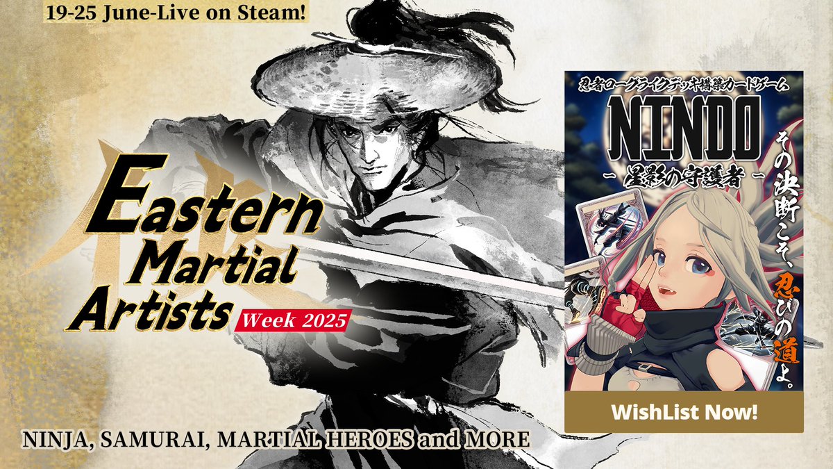 ⚔️ We’re joining #EasternMartialArtistWeek on Steam! ⚔️ 

Forge your own path in a world with no right answers.
NINDO: Guardian of the Starlit Shadow is a stylish ninja deckbuilder celebrating Eastern martial arts and elemental Ninjutsu.
🜂 Join the Eastern Martial Artist week