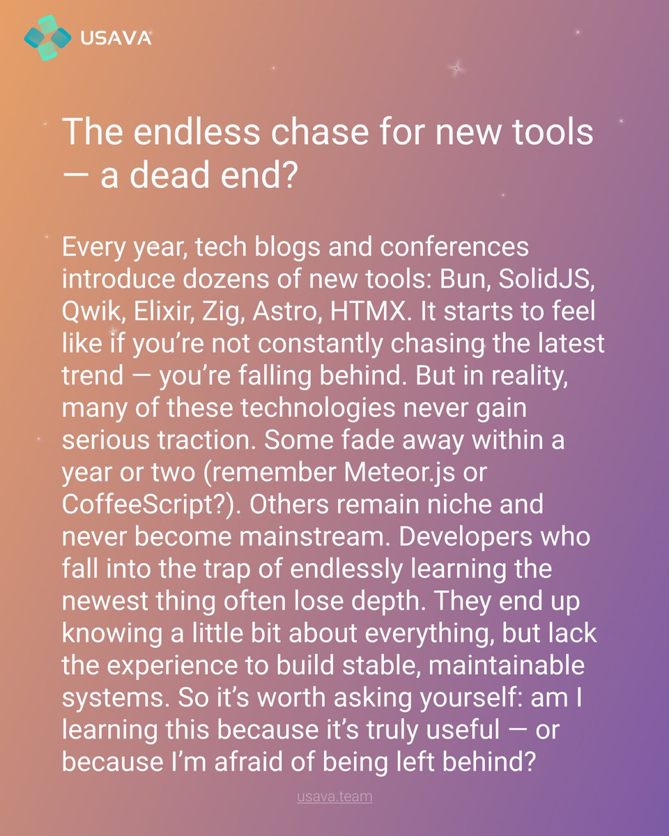 usava_team's tweet image. How not to get lost in a world where technologies are constantly changing?🤔
#tech #programmers