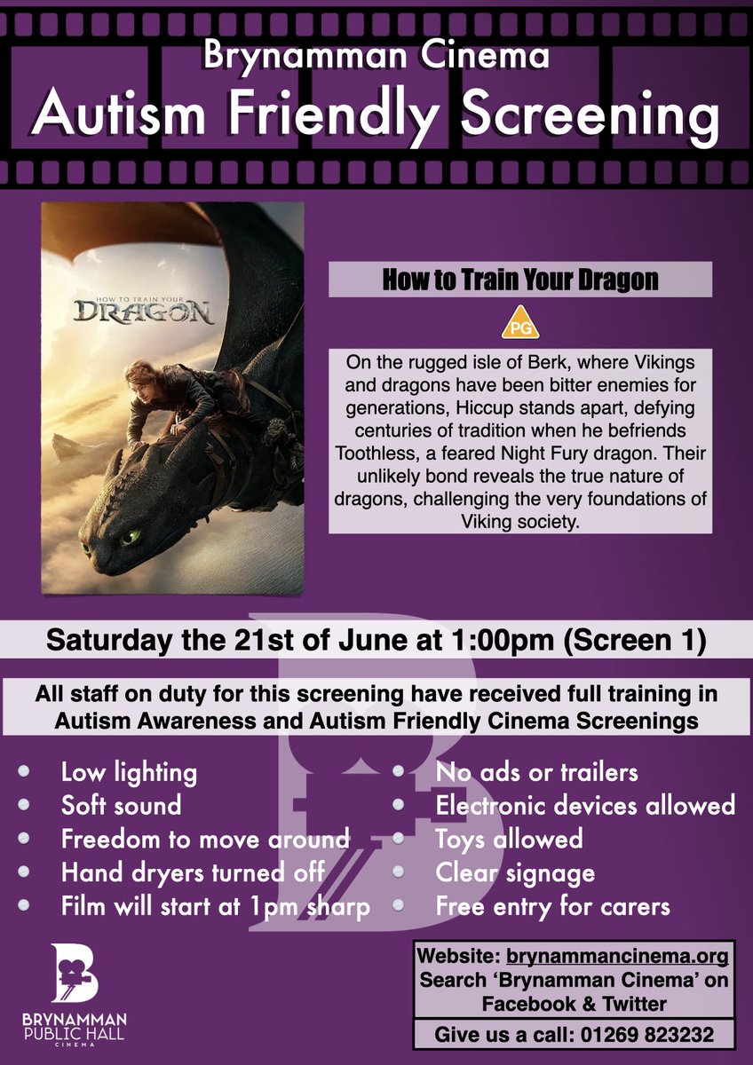 A quick reminder about our autism friendly screening tomorrow at 1pm for How to Train Your Dragon (PG). Tickets are available online or on the door. No charge for carers. The film starts at 1pm sharp.