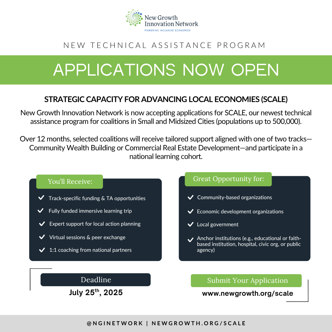 🚨 New funding + support for city, economic &amp; community leaders! 🚨 Got a project that’s ready to grow? SCALE it.

Our 12-month program, SCALE, offers TA, coaching, capital connections + more for coalitions in cities &lt;500K. Two tracks:

Apply by July 25: newgrowth.org/ngin-initiativ…