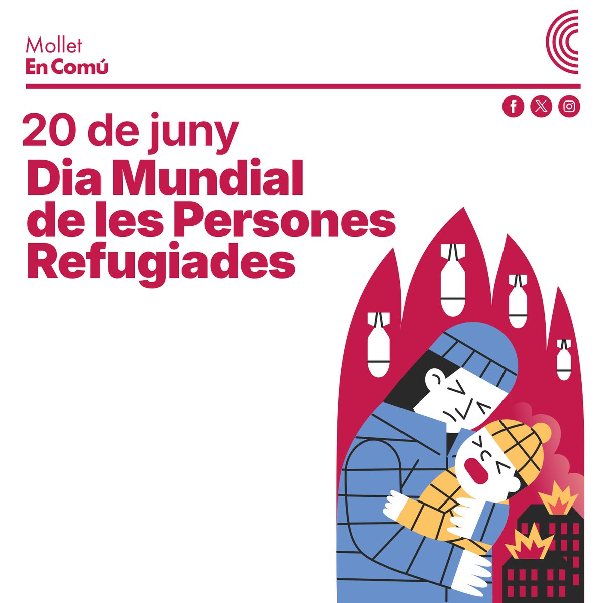 🌍 Avui commemorem el Dia Mundial de les Persones Refugiades 🌎

Des de Mollet En Comú, volem recordar la força i la valentia de totes les persones que han hagut de deixar enrere els seus llocs d'origen buscant seguretat i esperança. 

 #NoALaGuerra #RefugeesWelcome