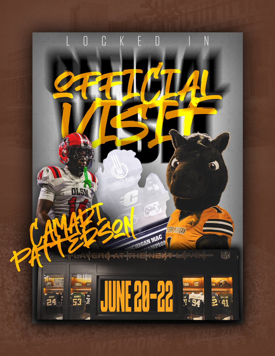 Cpatterson_14's tweet image. My family and I are looking forward to my Official Visit this weekend at @WMU_Football 🐴
@Coach_OLeary @CoachLT39 @CoachKirkendall @Coach_Snuggs
