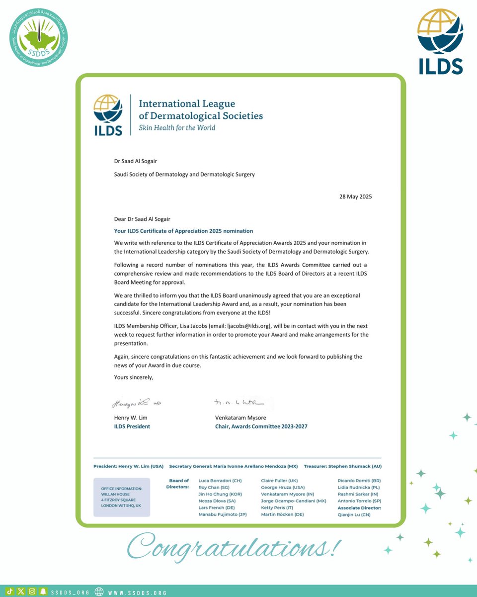 إنجاز جديد تفخر به #الجمعية_السعودية_لأمراض_وجراحة_الجلد!

نبارك لعضو الجمعية الدكتور سعد بن سامي الصقير بمناسبة حصوله على شهادة التقدير من الرابطة الدولية لجمعيات الأمراض الجلدية (ILDS) لعام ٢٠٢٥، تقديراً لجهوده القيادية على المستوى الدولي.

جدير بالذكر أن الدكتور سعد هو أول