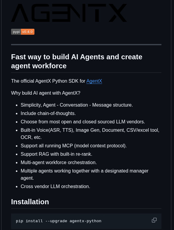 tom_doerr's tweet photo. AgentX Python SDK for building and managing AI agent teams, tools for conversation, voice, images, and data https://t.co/ta4ijMddV9
