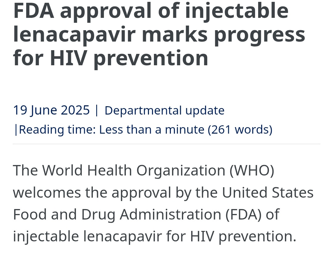 Notizia importante che voglio condividere. Via libera della FDA al farmaco Lenacapavir che con 2 iniezioni l'anno permette di prevenire l'infezione da HIV con efficacia del 99.9%. Passo in avanti rispetto ad assumere 💊 ogni giorno. Attesa ora la decisione dell'EMA per l'UE.