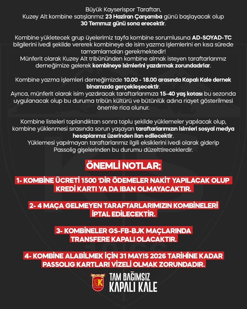2025-26 sezonu Kuzey Alt kombineleri hakkında | 🎫

#Kayserispor | #KapalıKale