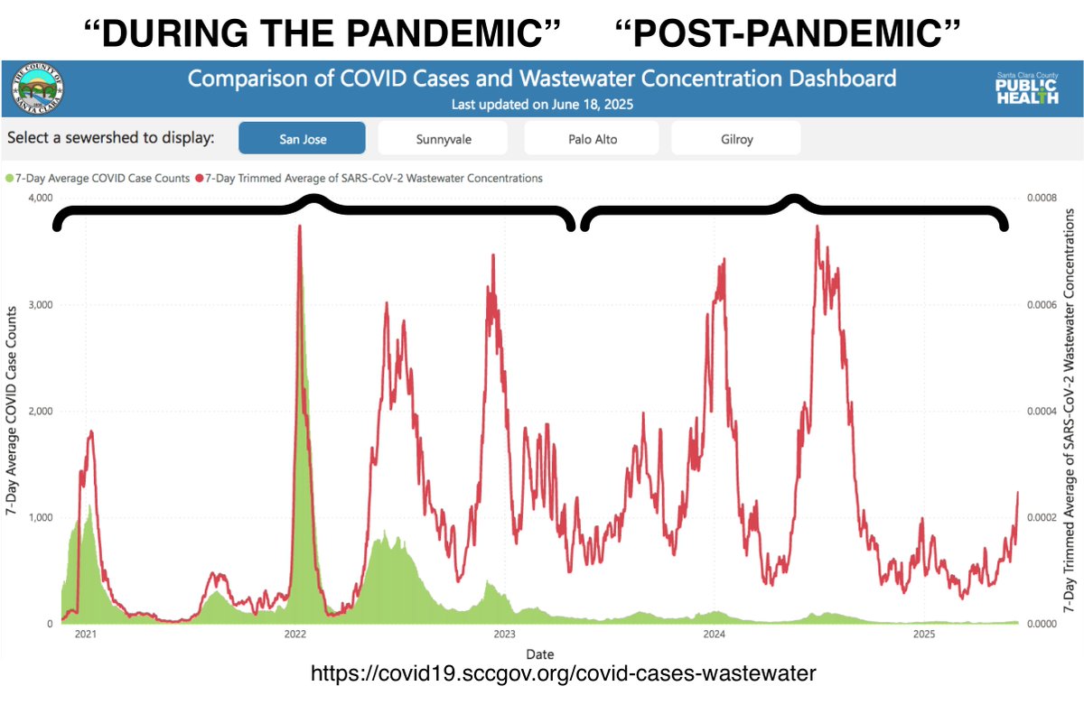 <a href="/YouAreLobbyLud/">Dr David Berger, aBsuRdiSTe cROnickLeR</a> Here's one of the longest-running SARS-CoV-2 wastewater series (red line)—San Jose, CA.

It shows the reality underneath the terms "during the pandemic" and "post-pandemic".

The public is totally divorced from this reality.