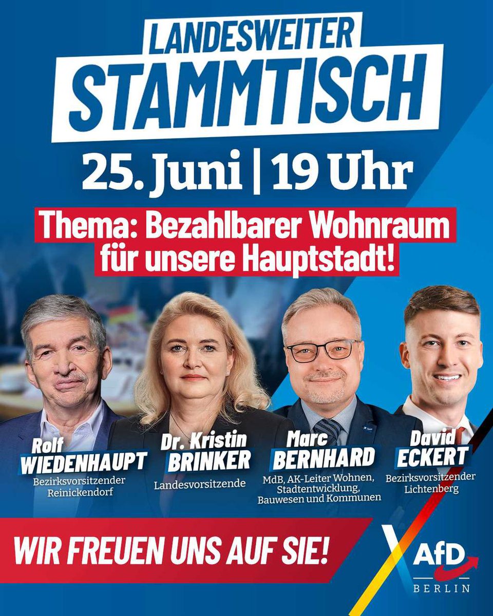 Landesweiter #Stammtisch am 25.06.2025 um 19:00 Uhr 

Thema des Abends: Bezahlbarer #Wohnraum für unsere #Hauptstadt!

„95 Prozent der angebotenen #Mietwohnungen zu teuer für Geringverdiener“, "Erneut weniger fertiggestellte Wohnungen in #Berlin“, "Zahl genehmigter #Wohnungen