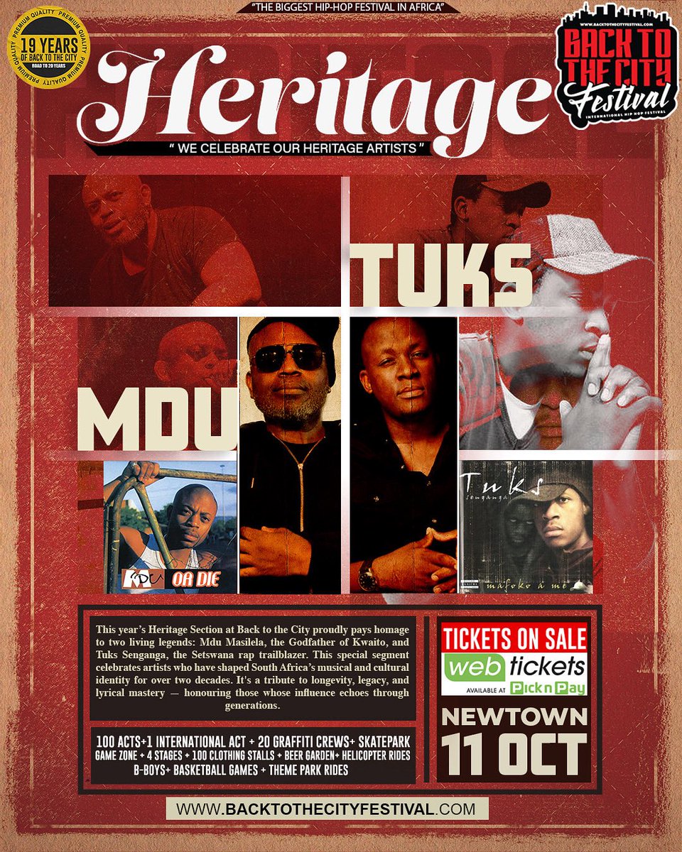 🔥 LEGENDS NEVER DIE 🔥
This year’s HERITAGE HOUR is a tribute to icons who laid the foundation! 🙌
We’re honouring MDU, the Godfather of Kwaito, and TUKS, the Setswana rhyme-slayer – two giants with 20+ years of cultural impact! 💥🎤
Celebrate the legacy. Witness the