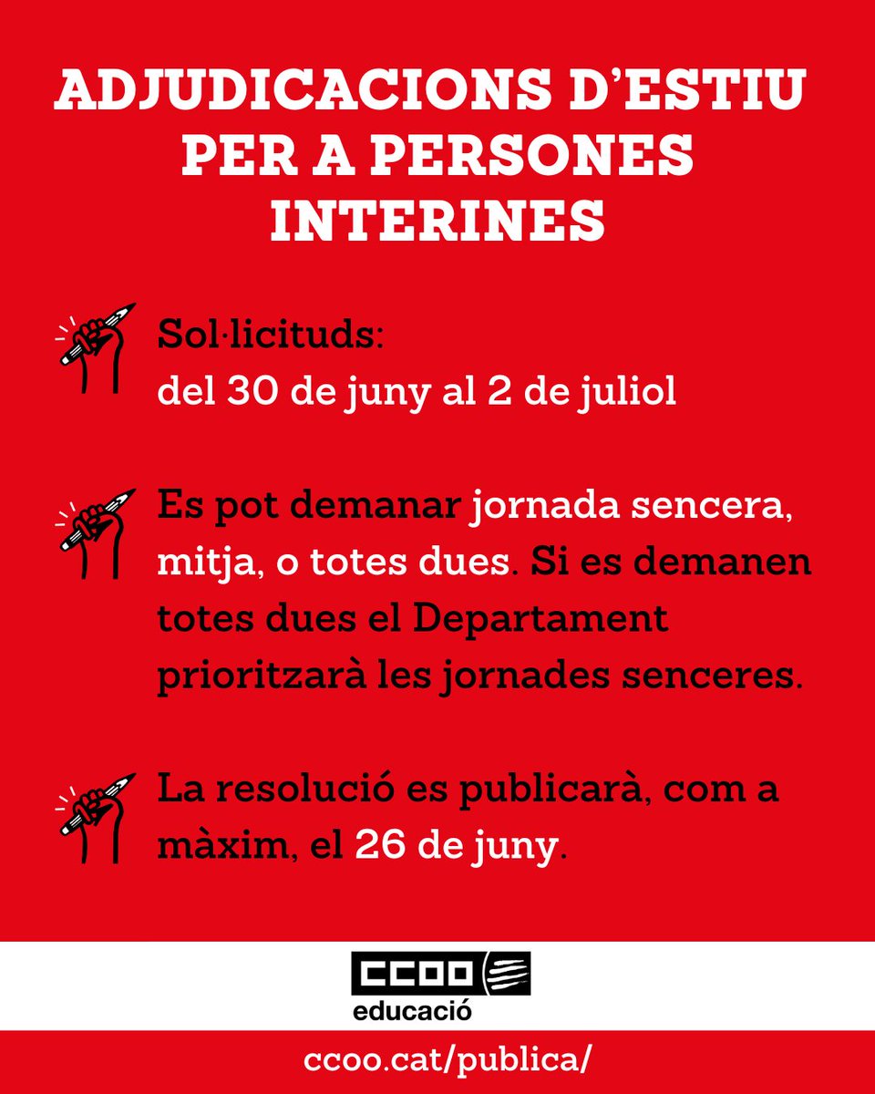📍Adjudicacions d’estiu per a persones interines

📍Sol·licituds: del 30 de juny al 2 de juliol

📍Es pot demanar jornada sencera, mitja, o totes dues. Si es demanen totes dues es prioritzaran les jornades senceres

📍La resolució es publicarà, com a màxim, el 26 de juny