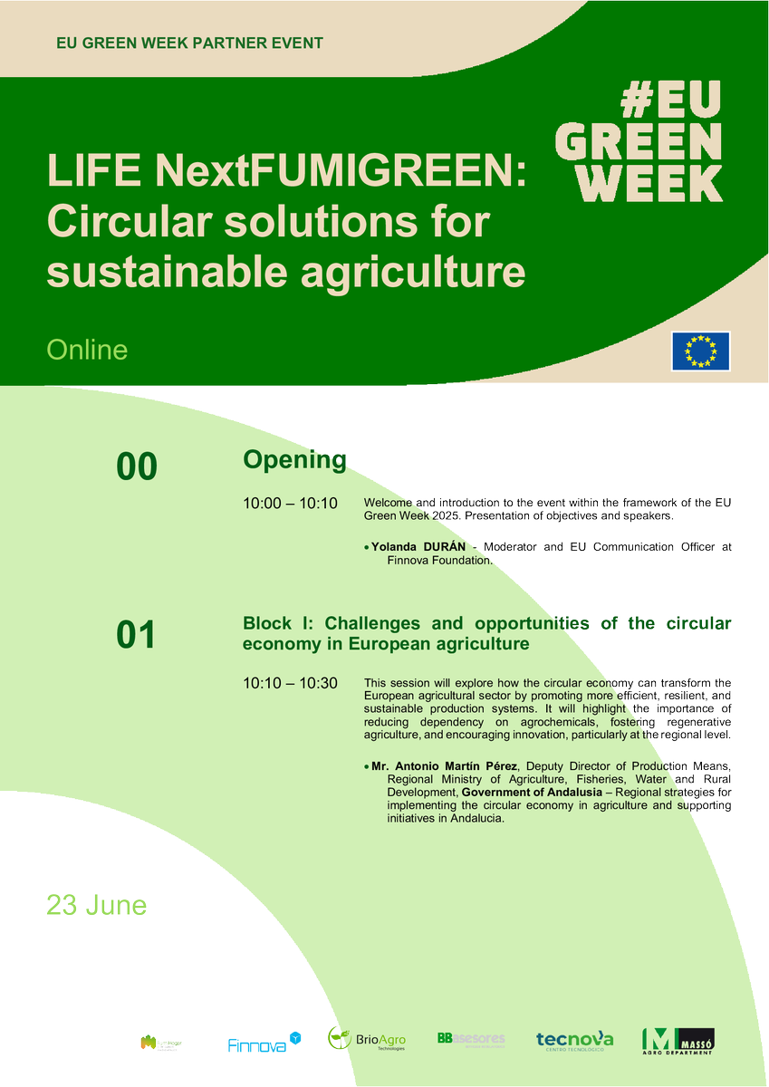 LNextfumigreen's tweet image. 🚨 Don’t miss it! This Mon 23/06 the #LIFENextFUMIGREEN event takes place at @EUgreenweek
♻️ Circular solutions for sustainable agriculture
🔬 Experts, real cases & EU funding panel
🕙 10:00–12:00 CEST
🎟️ Register free: bit.ly/NextFUMIGREENe…
@cinea_eu @LIFEprogramme @EU_ENV