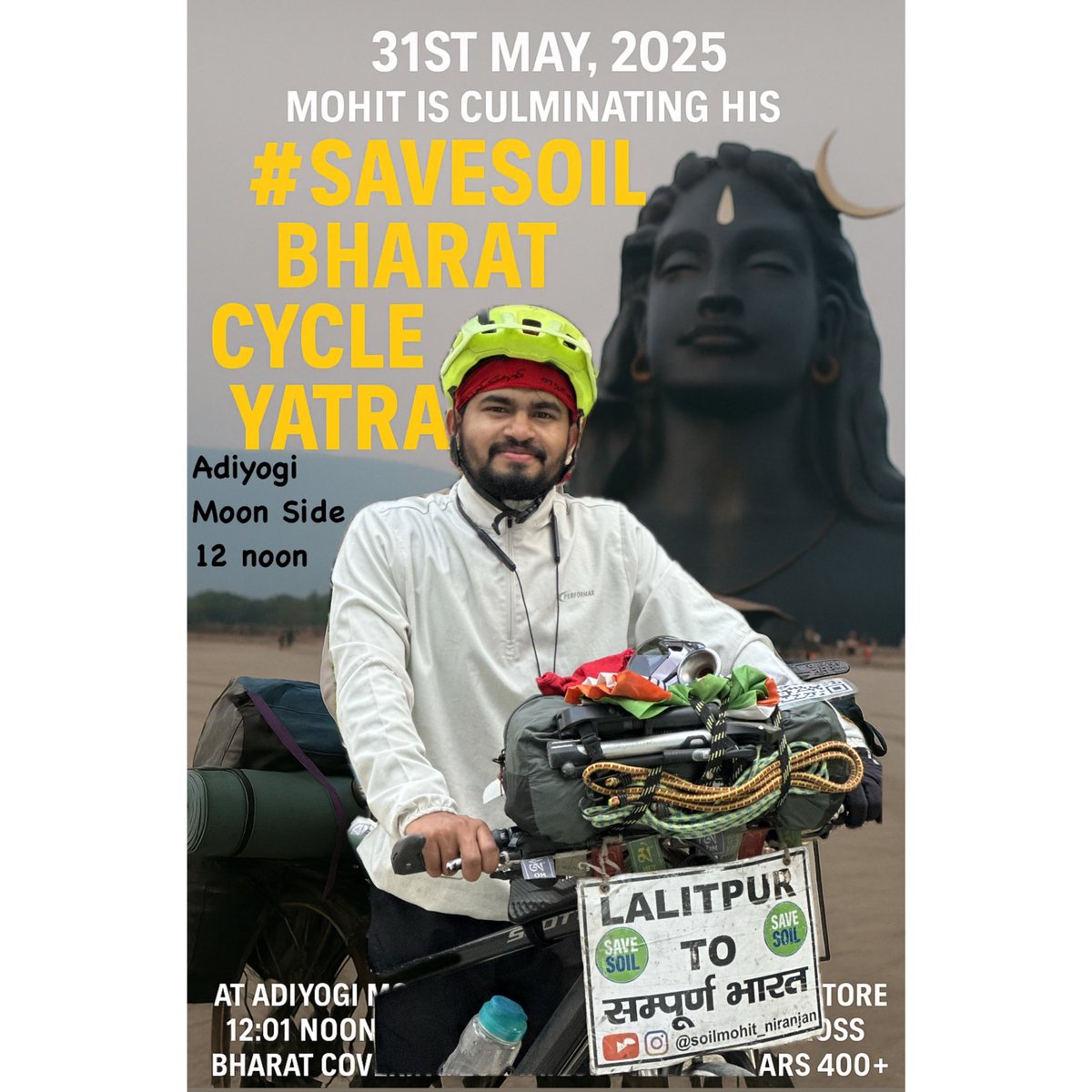 MohitNiranjan12's tweet photo. On 31st May 2025🚴‍♂️ After cycling 20,000 km across 20 states in 2.5 years, the #SaveSoil Bharat Cycle Yatra ends at Isha Yoga Centre.

This is not the end —it’s the beginning of a bigger mission 🌱

Thanks to every kind soul who made this possible🙏

Now: Hatha Yoga TTC begins. 🧘 https://t.co/1iTfHxK1VH