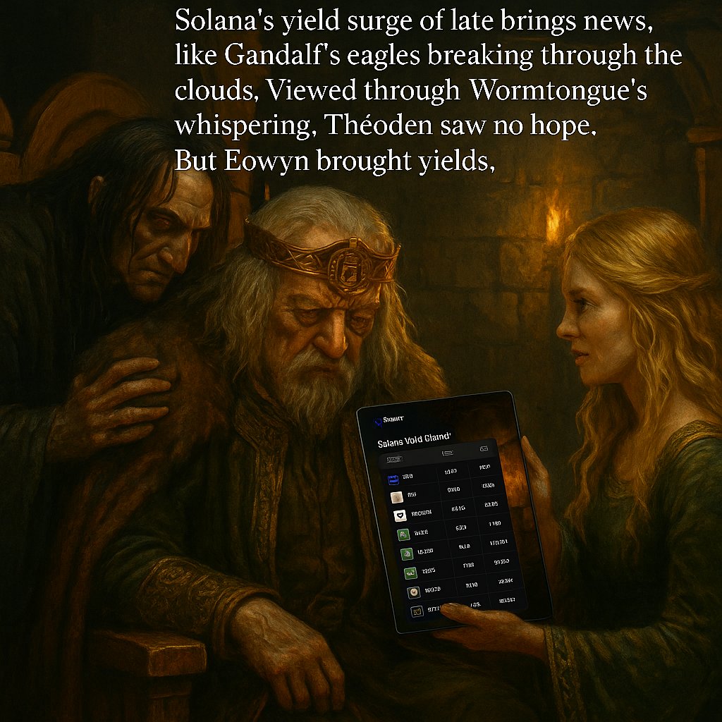 Ben448473515681's tweet photo. 👑 “He was once a king, but shadow ruled his mind...”
In the halls of Rohan, Théoden sat in silence — bound by whispers and fear.
But one day, his daughter showed him the yield of Solana.
And in that moment, the spell broke.
He rose. And he staked.
🗡️ #StakeTheRing
#Solana https://t.co/5JGFm9OxgF