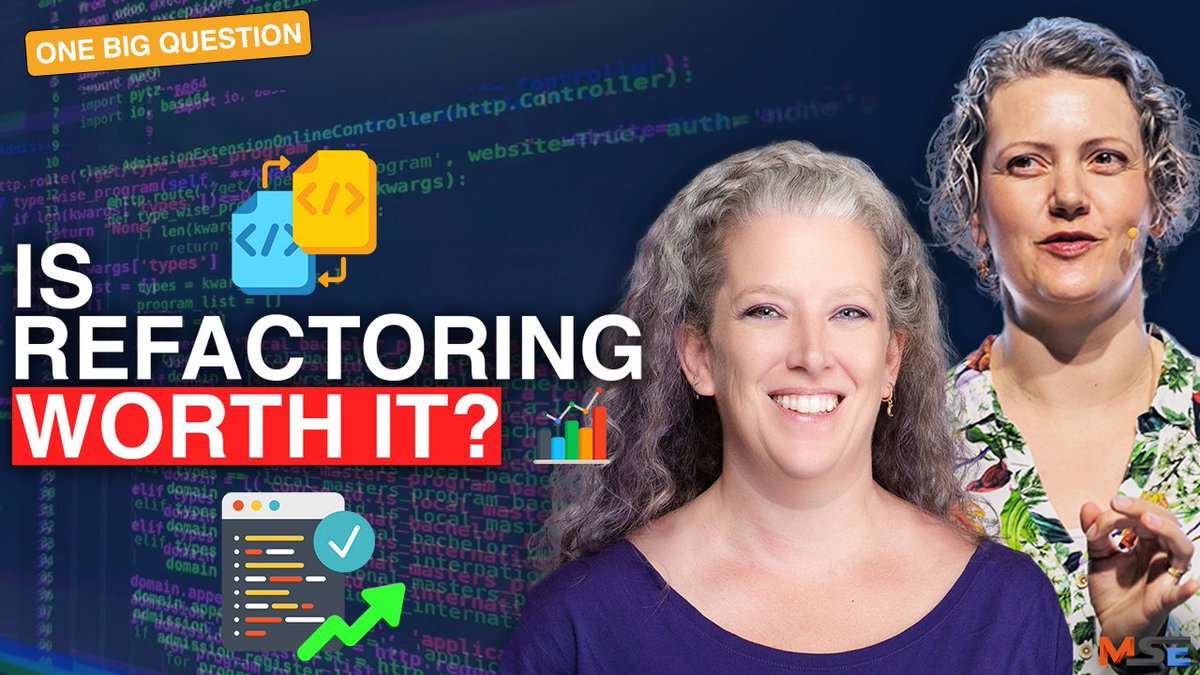 Modern Software Engineering (@modernsoftwarex) on Twitter photo ONE BIG QUESTION IS BACK TONIGHT
This episode, <a href="/emilybache/">Emily Bache</a> & <a href="/trisha_gee/">Trisha Gee</a> will answer the question - Can You Measure The Value Of Refactoring.
Subscribe to the channel, and hit the bell icon so you never miss an upload! (link below) ONE BIG QUESTION IS BACK TONIGHT
This episode, <a href="/emilybache/">Emily Bache</a> & <a href="/trisha_gee/">Trisha Gee</a> will answer the question - Can You Measure The Value Of Refactoring.
Subscribe to the channel, and hit the bell icon so you never miss an upload! (link below)