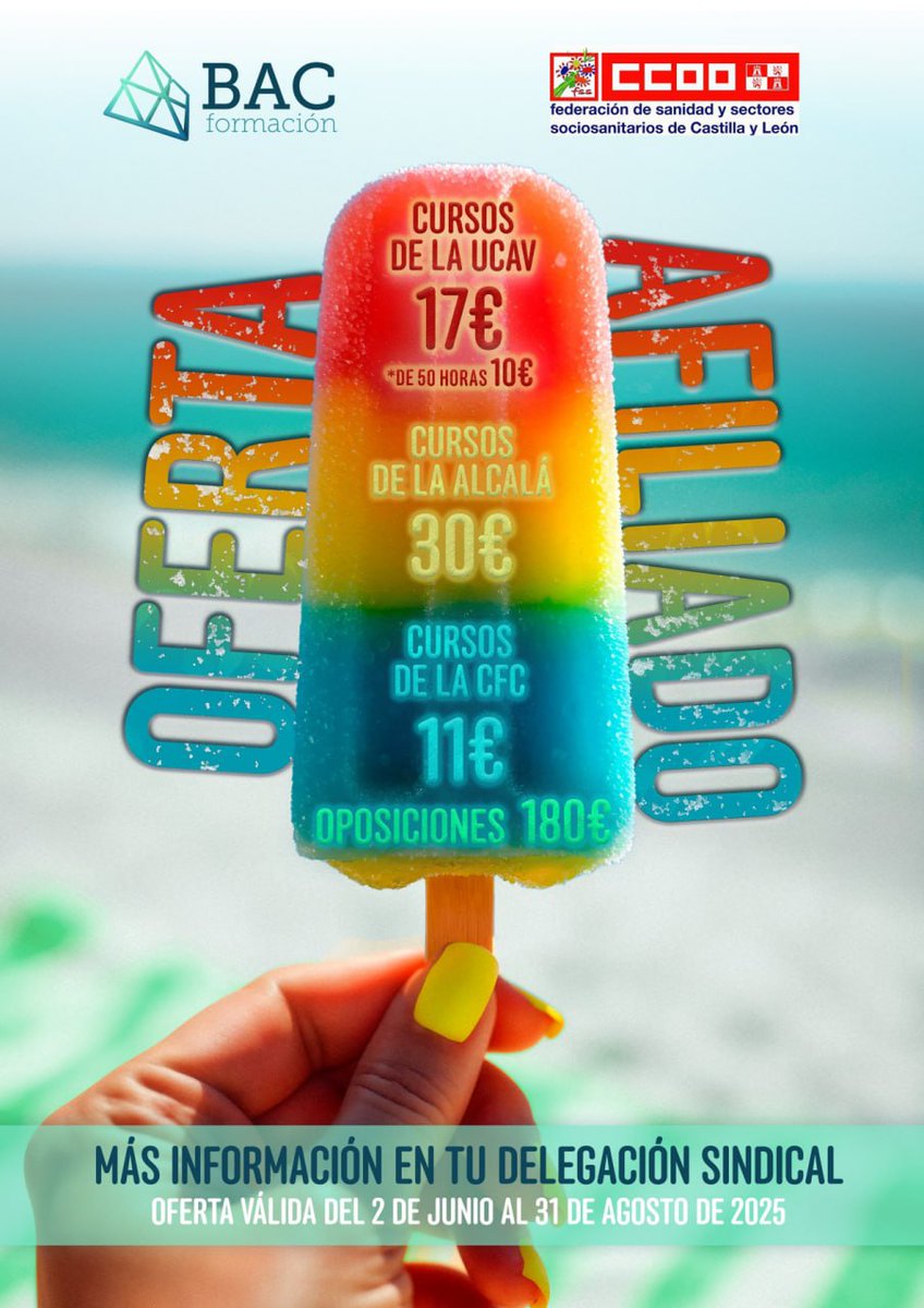 📚✨ ESTE VERANO, FÓRMATE 
Traemos esta refrescante oferta  🧊

📅 Oferta válida del 2 de junio al 31 de agosto de 2025
🪪 Solo para personas afiliadas a CCOO
📍 Pide más información en tu delegación sindical: sanidad.ccoo.es/sanidadcyl/Con…

#FormaciónCCOO  #CCOOsemueve #BACFormación