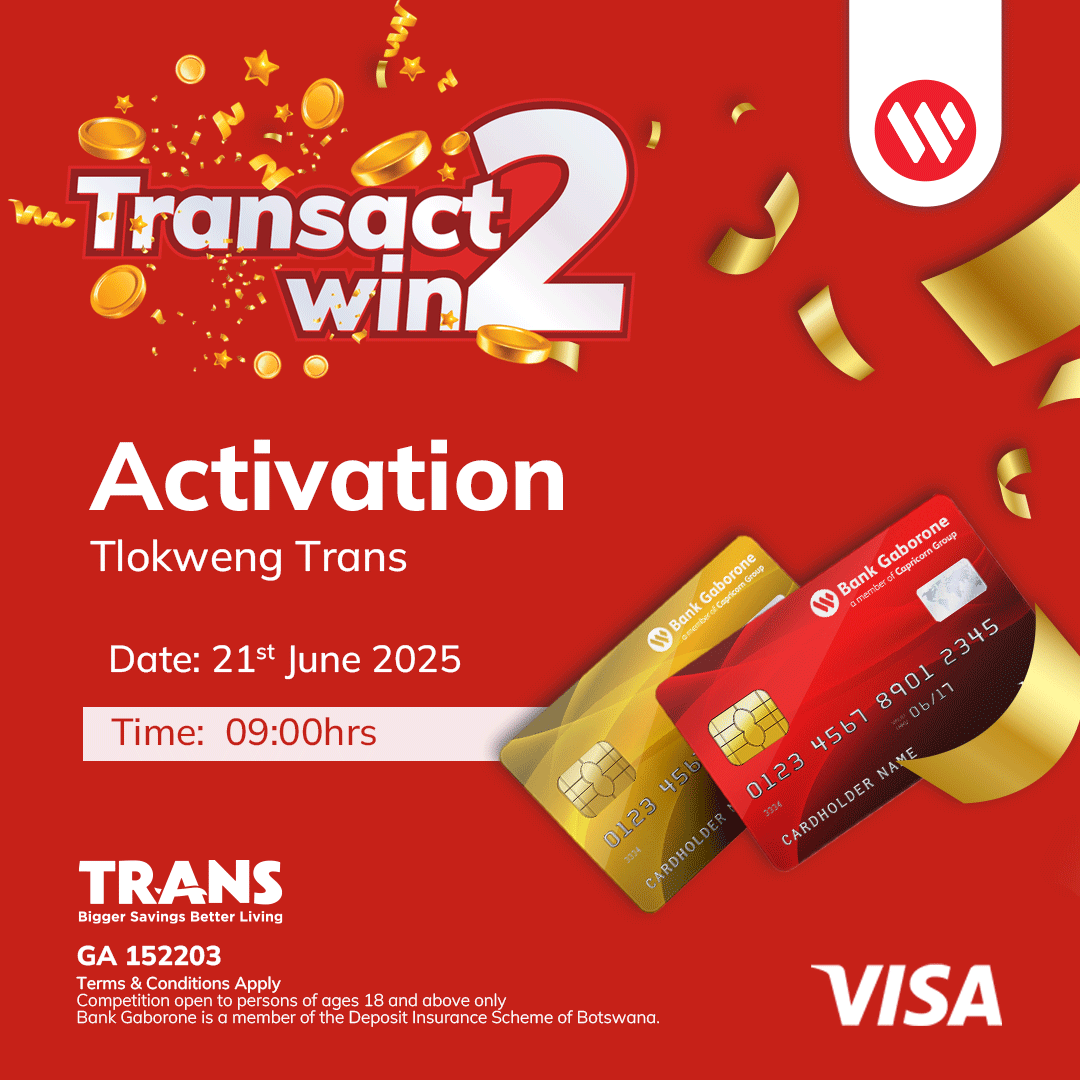 The Bank Gaborone team will be at Tlokweng TRANS Cash &amp; Carry tomorrow from 09:00hrs. Come through, learn more about our products, and find out how swiping your Visa debit or credit card could land you groceries worth P3,000 or electricity worth P2,000.
#BankGaborone
#TheRedBank