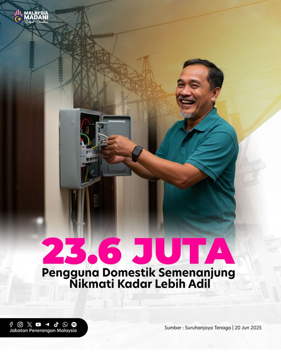 🔌 TARIF ELEKTRIK LEBIH ADIL! ⚡

✅ Lebih 23.6 juta pengguna domestik Semenanjung bakal nikmati kadar baharu yang lebih rendah &amp; progresif!
📅 Berkuat kuasa mulai 1 Julai 2025 hingga 31 Disember 2027. -