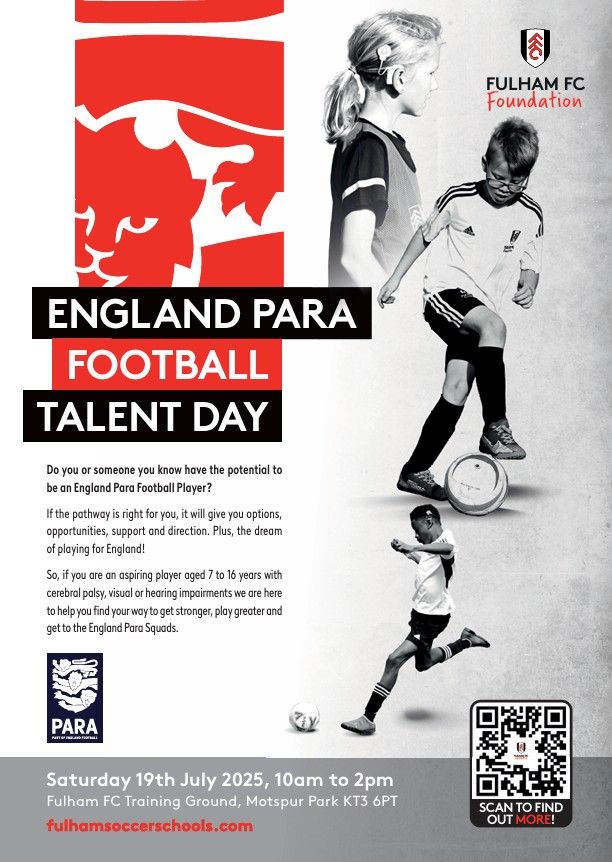 Middlesex FA ⚽️ (@middxfa) on Twitter photo An England Para Talent Day is being hosted by <a href="/FulhamFCFound/">Fulham FC Foundation</a> next month! ⚽
📅 Saturday 19th July 2025
📍 Fulham FC Training Ground, Motspur Park, KT3 6PT
🕙 10:00am to 2:00pm
👥 7 to 16 years
Parents/carers can book a place online here ⬇️
bit.ly/4eawm5H An England Para Talent Day is being hosted by <a href="/FulhamFCFound/">Fulham FC Foundation</a> next month! ⚽
📅 Saturday 19th July 2025
📍 Fulham FC Training Ground, Motspur Park, KT3 6PT
🕙 10:00am to 2:00pm
👥 7 to 16 years
Parents/carers can book a place online here ⬇️
bit.ly/4eawm5H