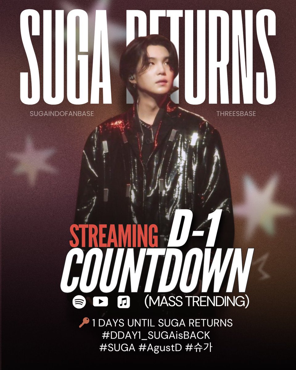 SUGAIndoFanbase's tweet image. [📢] MASS TRENDING START NOW! 

1 jam sebelum streaming countdown dimulai, yukk ramaikan trending tags-nya terlebih dahulu 🥳 🎶

🔑 1 DAYS UNTIL SUGA RETURNS
#DDAY1_SUGAisBACK
#SUGA #AgustD #슈가 

RT AND SHARE 🔁🚀