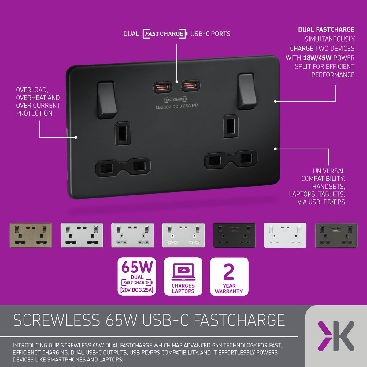 KnightsbridgeML's tweet image. Our 65W Dual USB-C FASTCHARGE socket delivers charging straight from the wall – no adaptors needed.

💻 Charge laptops up to 65W
🔌 Or fastcharge 2 devices at 45W + 18W
🧠 USB-PD/PPS | ⚙️ GaN tech | 🛡️ Safety built-in

ow.ly/1yRL50W6jR1

#fastcharge #USBC #electrician