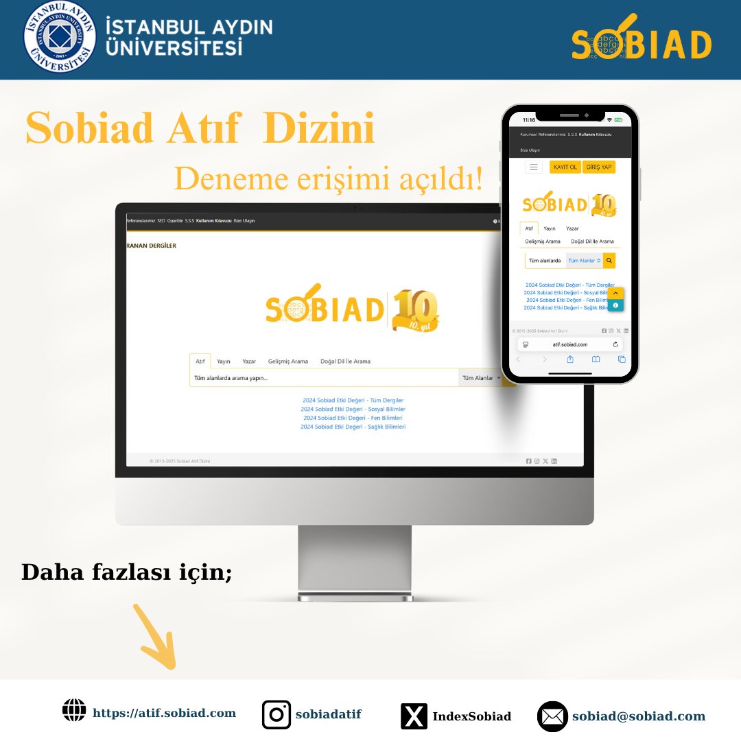 Sobiad Atıf Dizini; 4000+ dergi, 1M+ makale ve milyonlarca atıfla Türkiye’nin en kapsamlı akademik veri tabanı. Gelişmiş arama, PDF indirme, atıf analizi ve daha fazlası! Sobiad'a 31.07.2025 tarihine kadar sınırsız erişebilirsiniz.