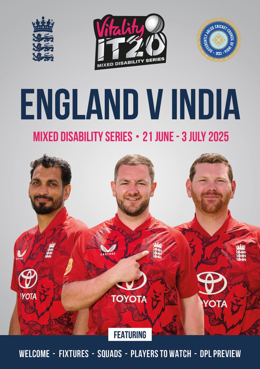 Ahoy, cricket lovers! There are two 🏴󠁧󠁢󠁥󠁮󠁧󠁿🇮🇳 men's series  this summer - Callum Flynn's men play the first of seven T20s at Taunton tomorrow, with history on Wednesday (25) - the first international disability game on the main square at Lord's, part of Disability  Cricket Day at HQ.