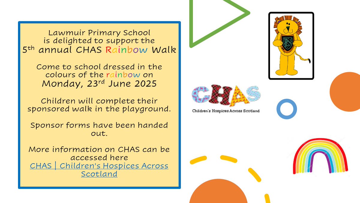 Lawmuir Eco 🌍❤️🌳 (@lawmuirpseco) on Twitter photo Come to school on Monday dressed in the colours of the rainbow for our CHAS fundraising Rainbow Walk 🌈🌈🌈 <a href="/LawmuirPS/">Lawmuir PS</a> <a href="/LawmuirPSPC/">FriendsofLawmuirPC</a> Come to school on Monday dressed in the colours of the rainbow for our CHAS fundraising Rainbow Walk 🌈🌈🌈 <a href="/LawmuirPS/">Lawmuir PS</a> <a href="/LawmuirPSPC/">FriendsofLawmuirPC</a>
