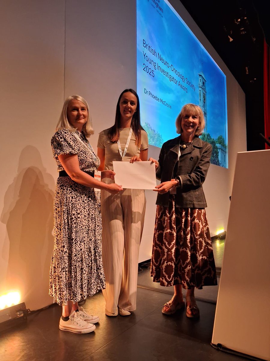 Our winner of the Young Investigator Award 2025 is Phoebe McCrorie. Congratulations! 
Thank you to Karen Noble at Brain Tumour Research for supporting this alongside BNOS. 

Photo - Karen Noble, Phoebe McCrorie, Susan Short. #BNOS2025